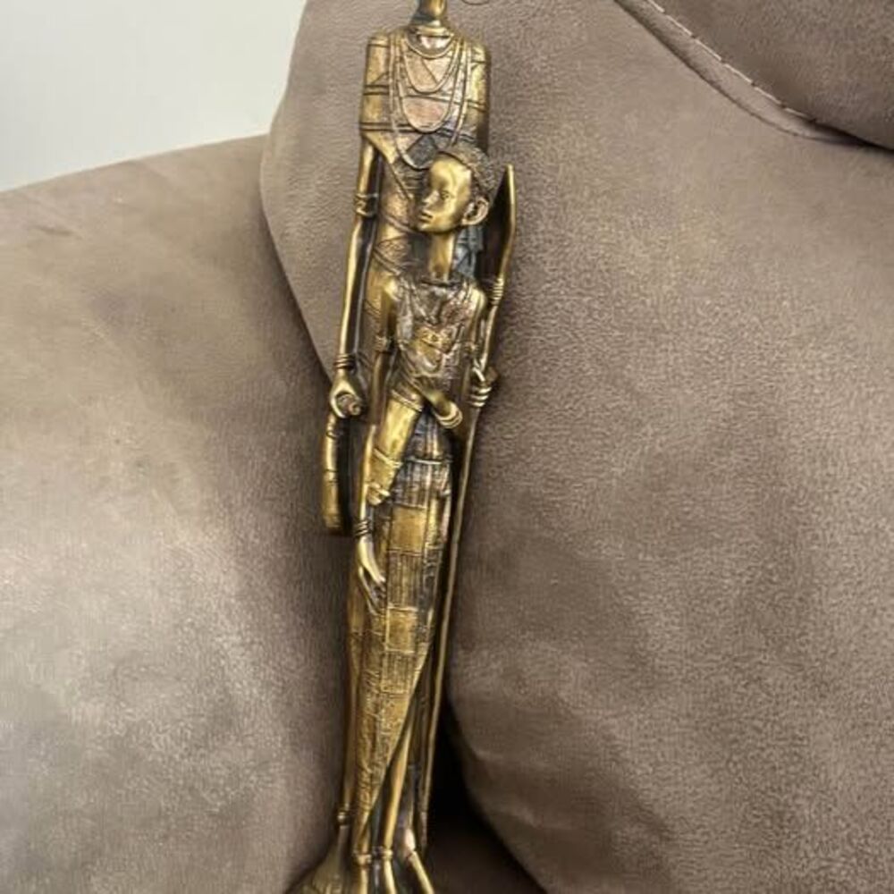Tall African Mother & Child Figurine – Gold Tone Tribal Style Sculpture